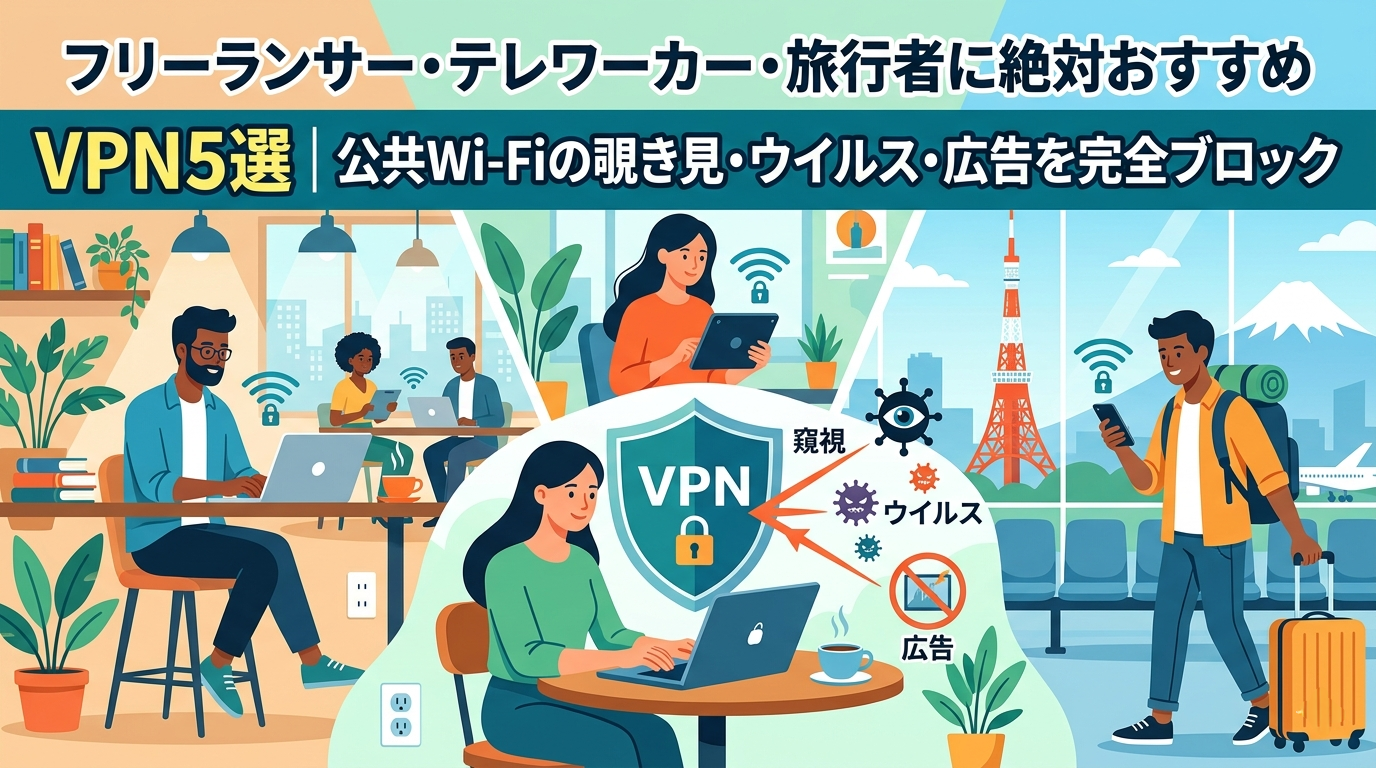 【2026年最新】フリーランサー・テレワーカー・旅行者に絶対おすすめのVPN5選｜公共Wi-Fiの覗き見・ウイルス・広告を完全ブロック