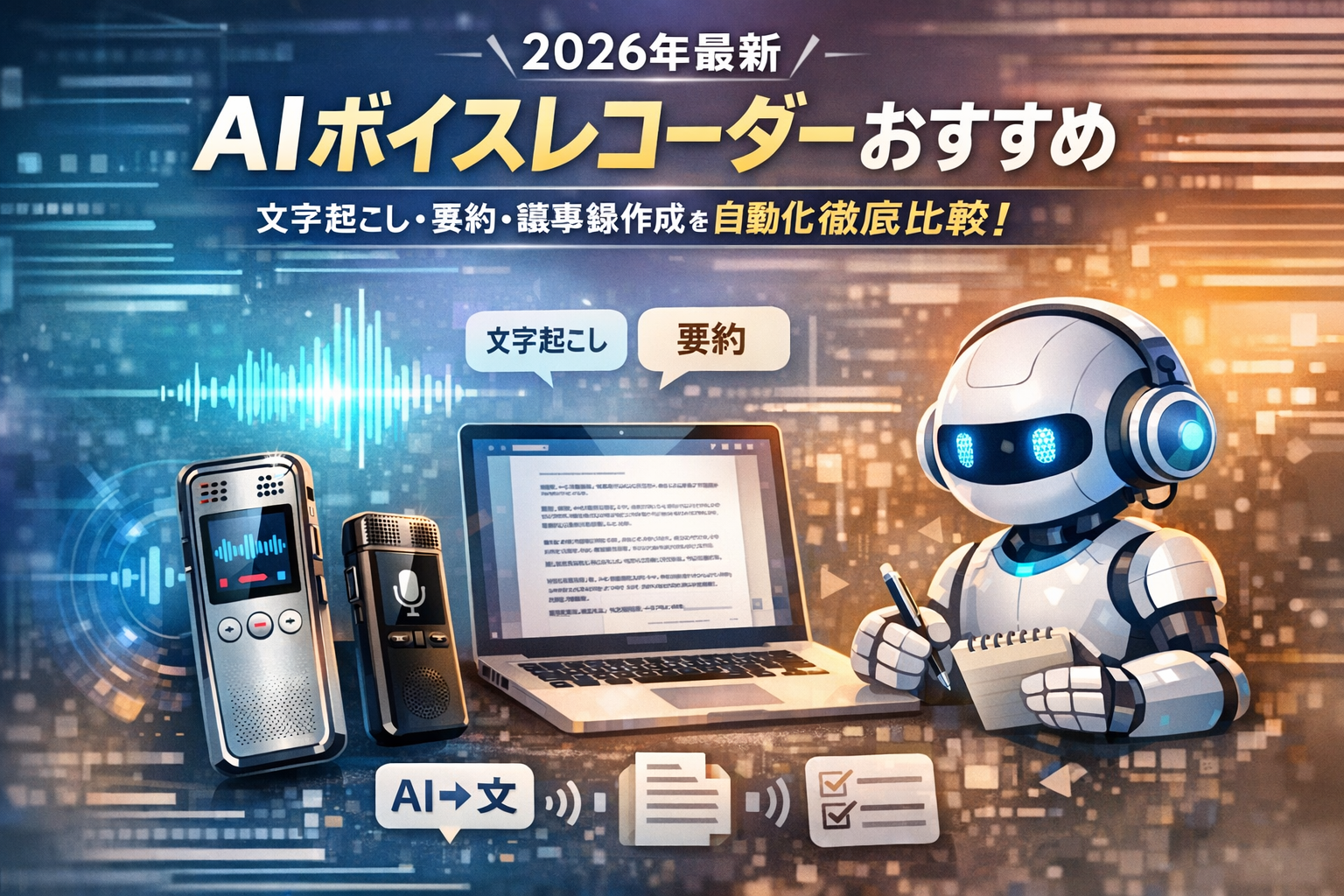 【2026年最新】AIボイスレコーダーおすすめランキング5選｜文字起こし・要約・議事録作成を自動化するツールを徹底比較